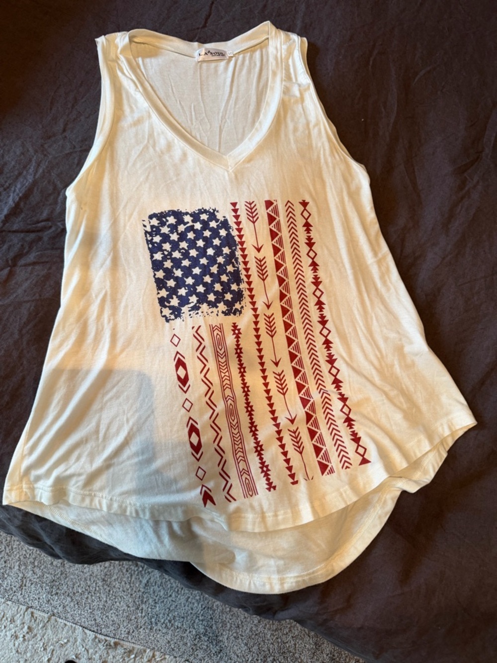 Women’s White V-Neck Graphic Tank Top with Red & Blue Flag Print